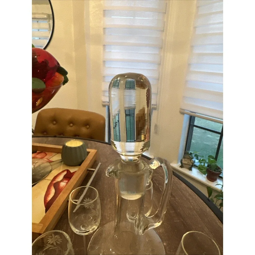 Vintage Toscany Romania Hand Blown Etched Clear Decanter Barware w-Wine Glasses